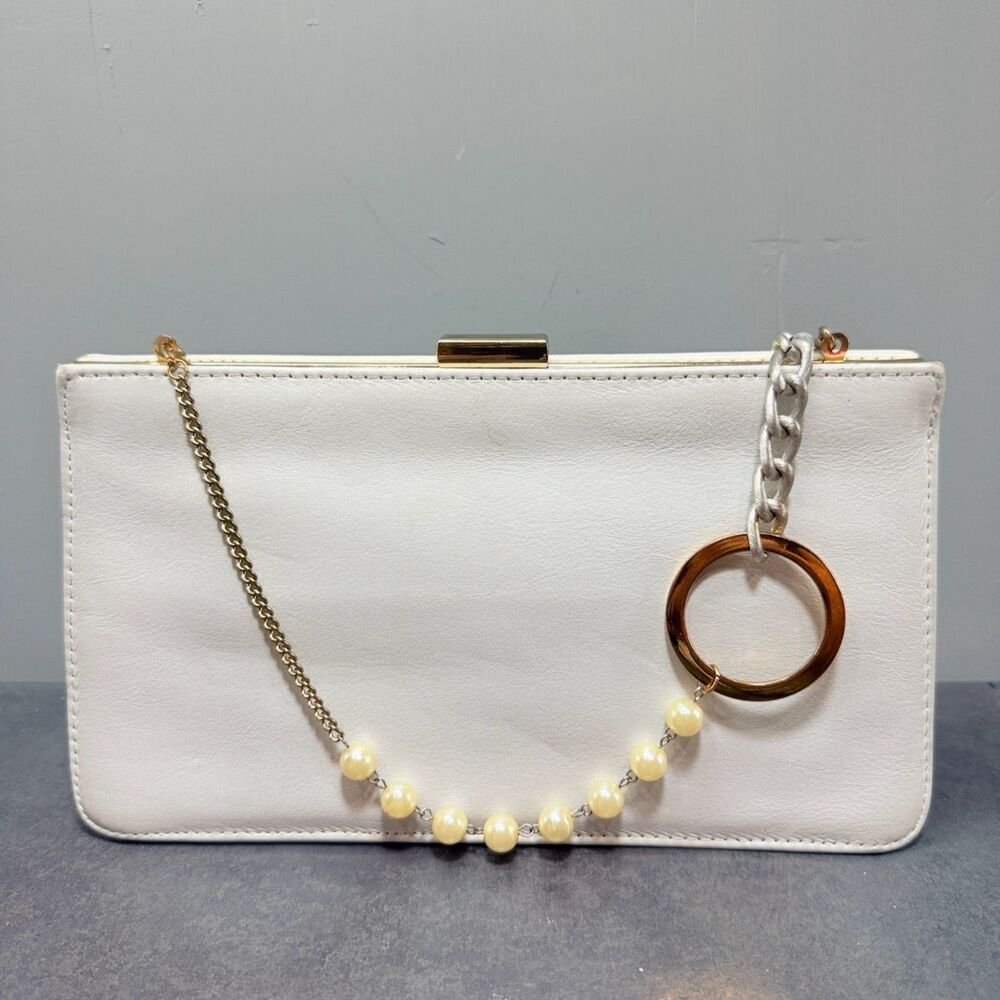 Giani Bernini Crossbody Clutch White Leather Pearl Chain